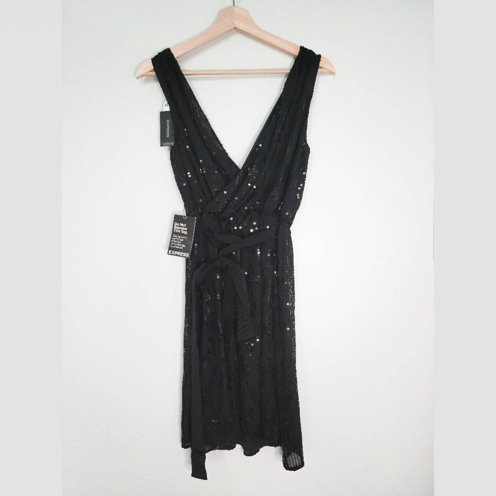 EXPRESS Womens Small Black Sequined V Neck Mini Party Cocktail Dress NWT